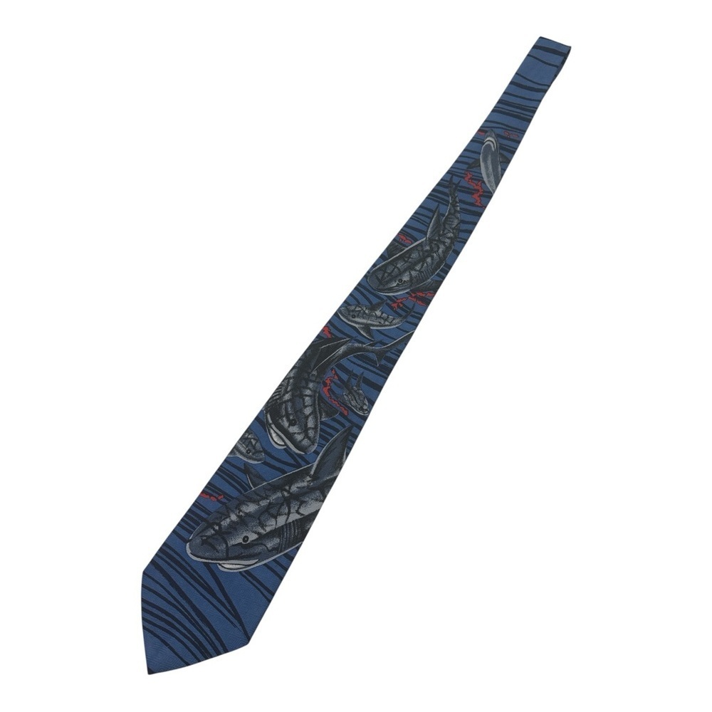 🦈 Vintage A. Rogers Shark Print Tie – Ocean Blue & Black - Picture 3 of 4